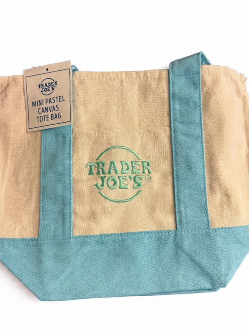 Viral Trader Joe's Mini Pastel Canvas Tote Bag - Tan & Aqua